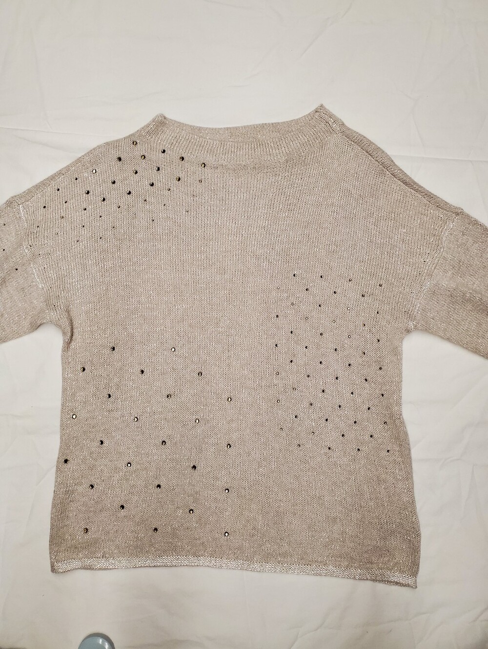 Nic+Zoe Petite Medium Metallic Knit Sweater Taupe Rhinestone Studded Boat Neck